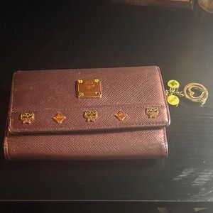 MCM Burgundy Wallet with Gold Details